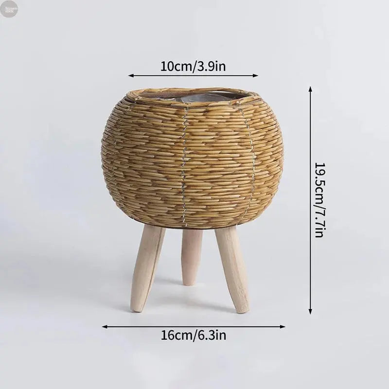 Handwoven Rattan Plant Stand with Pot – Nordic Flower Basket for Home & Garden Brownstick