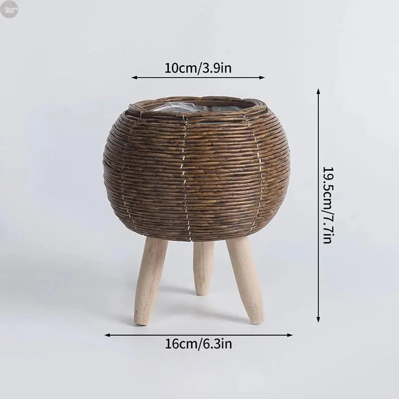 Handwoven Rattan Plant Stand with Pot – Nordic Flower Basket for Home & Garden Brownstick