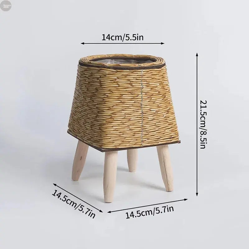 Handwoven Rattan Plant Stand with Pot – Nordic Flower Basket for Home & Garden Brownstick