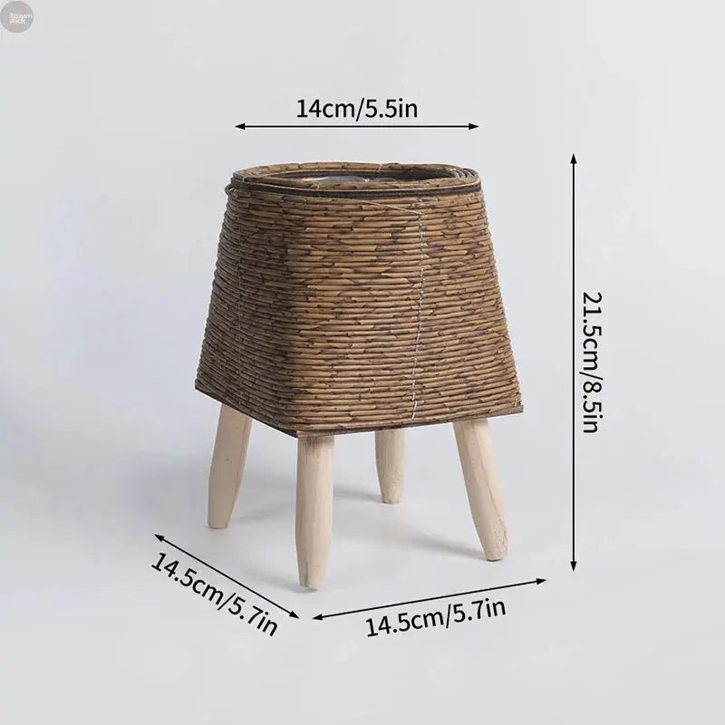 Handwoven Rattan Plant Stand with Pot – Nordic Flower Basket for Home & Garden Brownstick