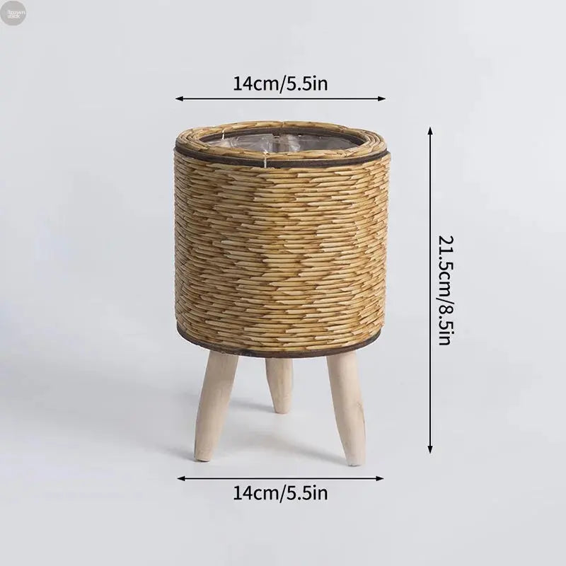 Handwoven Rattan Plant Stand with Pot – Nordic Flower Basket for Home & Garden Brownstick