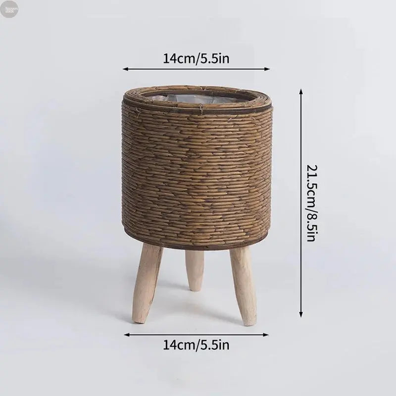 Handwoven Rattan Plant Stand with Pot – Nordic Flower Basket for Home & Garden Brownstick