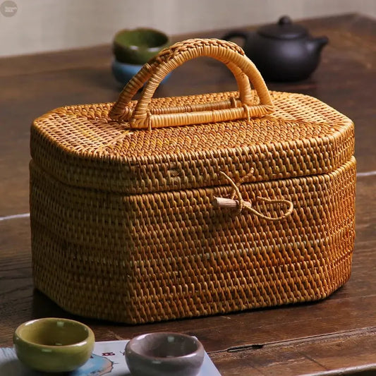 Handwoven Rattan Storage Box with Handle Brownstick