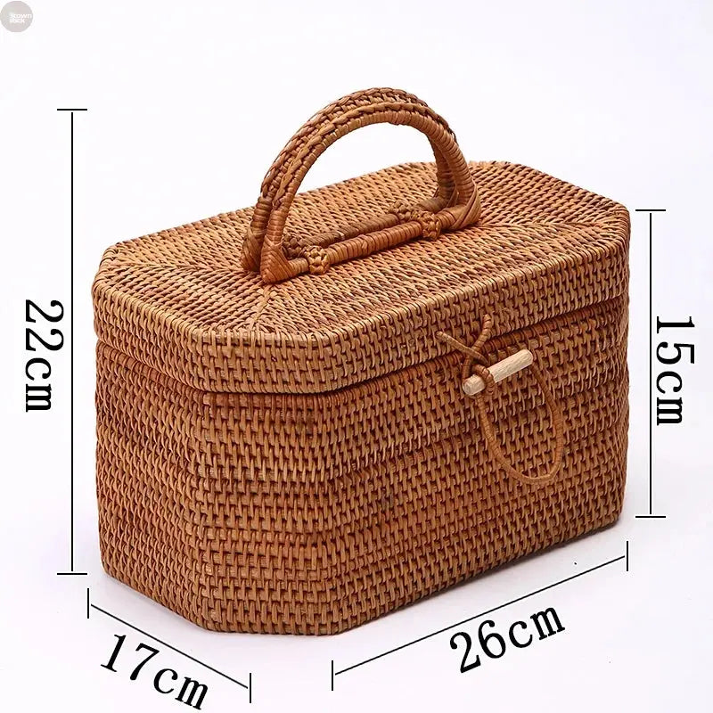 Handwoven Rattan Storage Box with Handle Brownstick