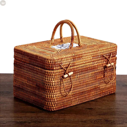 Handwoven Rattan Storage Box with Handle  Picnic & Kitchen Organizer Brownstick