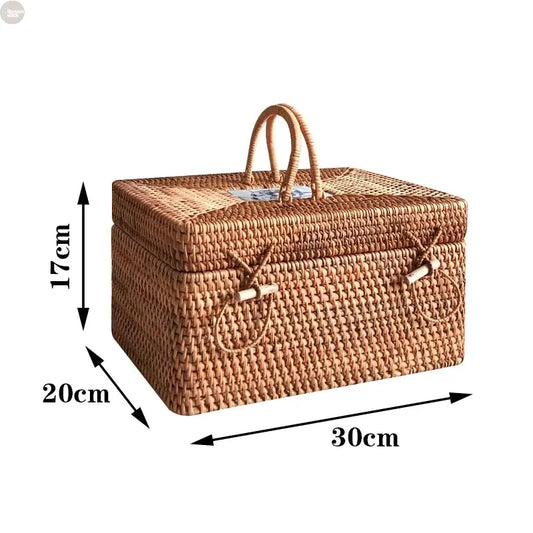 Handwoven Rattan Storage Box with Handle  Picnic & Kitchen Organizer Brownstick