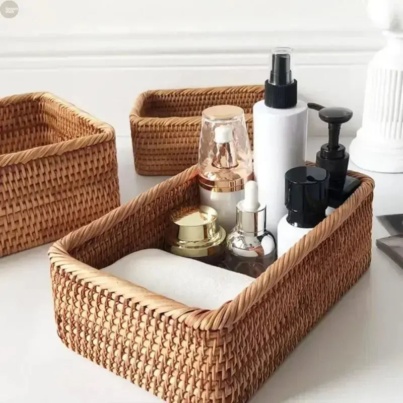 Handwoven Rattan Wicker Basket - Rectangular Storage for Fruit, Tea, Snacks - Brownstick