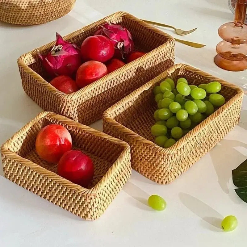 Handwoven Rattan Wicker Basket - Rectangular Storage for Fruit, Tea, Snacks - Brownstick
