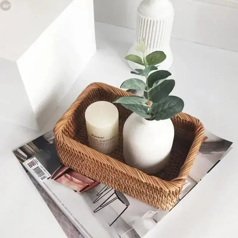 Handwoven Rattan Wicker Basket - Rectangular Storage for Fruit, Tea, Snacks - Brownstick