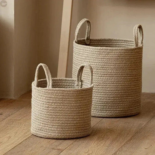 Handwoven Rope Storage Basket with Handles – Compact Organizer for Home Brownstick