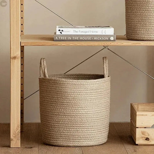Handwoven Rope Storage Basket with Handles – Compact Organizer for Home Brownstick