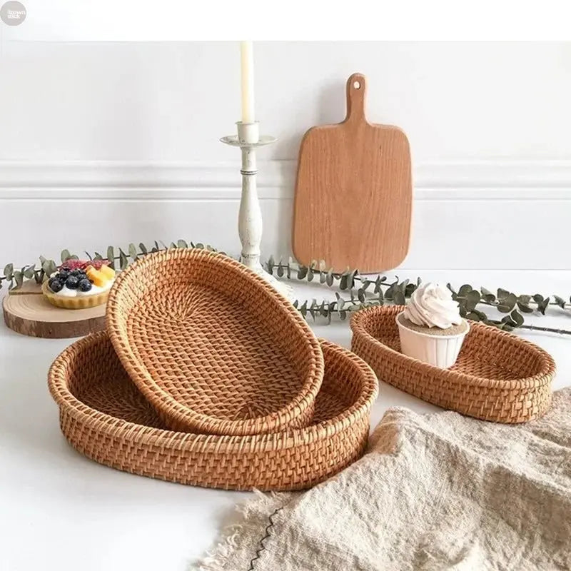 Handwoven Round Rattan Wicker Basket - Multipurpose Tray for Fruit, Snacks, and Bread - Brownstick