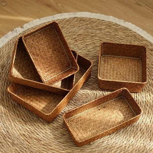Handwoven Seagrass Storage Basket Set – Open-Top Shelf and Desk Organizer Brownstick