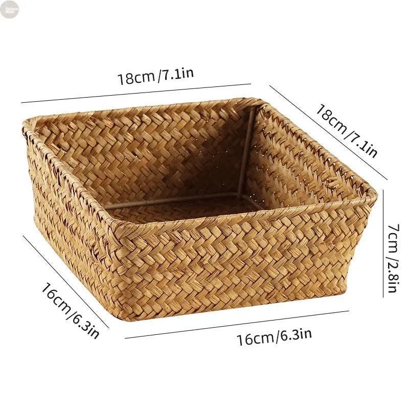 Handwoven Seagrass Storage Basket Set – Open-Top Shelf and Desk Organizer Brownstick