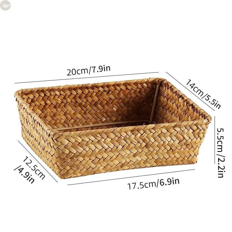 Handwoven Seagrass Storage Basket Set – Open-Top Shelf and Desk Organizer Brownstick