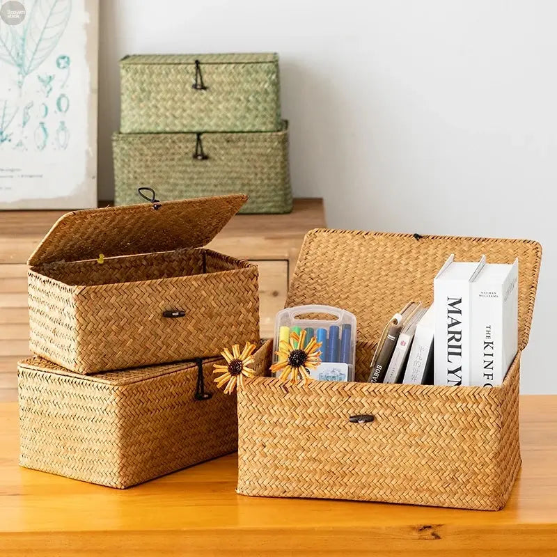Handwoven Seagrass Storage Basket with Lid – Eco-Friendly Home Organizer Brownstick