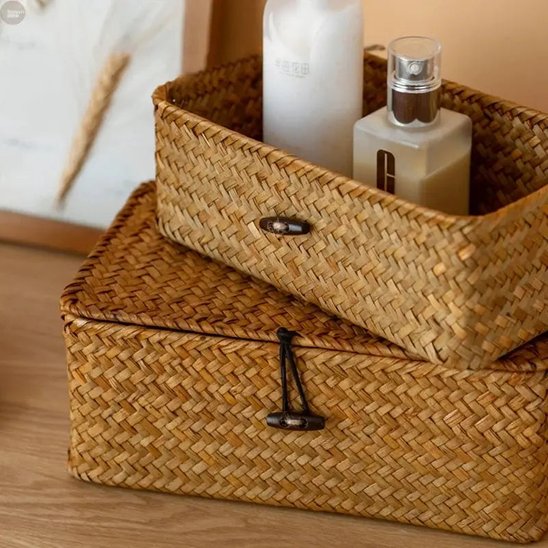Handwoven Seagrass Storage Basket with Lid – Eco-Friendly Home Organizer Brownstick