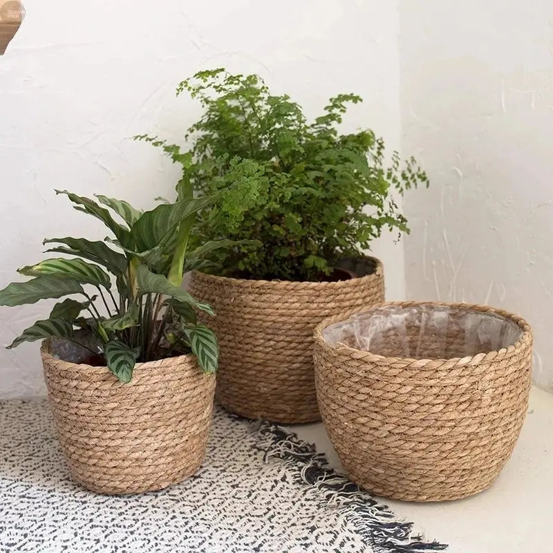 Handwoven Straw Grass Planter Basket Brownstick