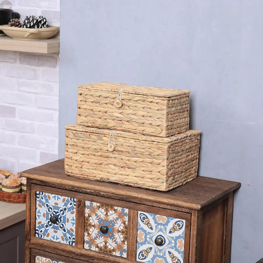 Handwoven Water Hyacinth Storage Bins with Lids Brownstick
