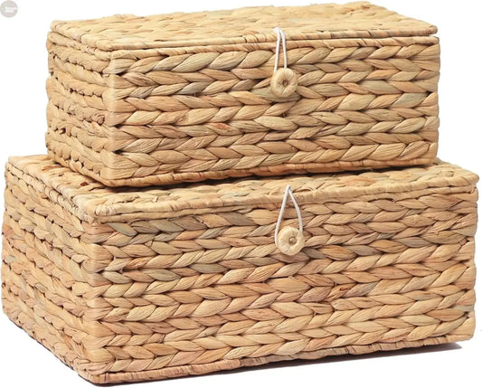Handwoven Water Hyacinth Storage Bins with Lids Brownstick