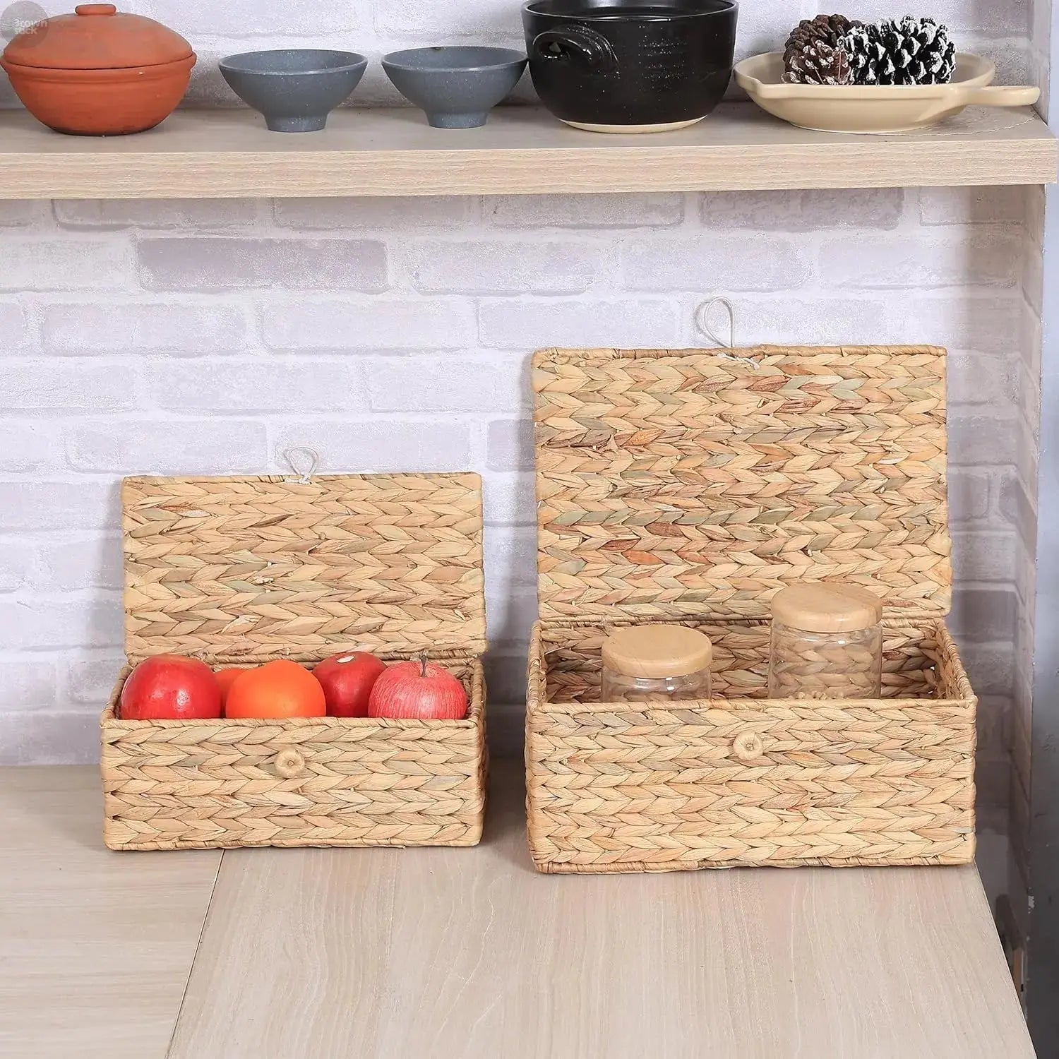 Handwoven Water Hyacinth Storage Bins with Lids Brownstick