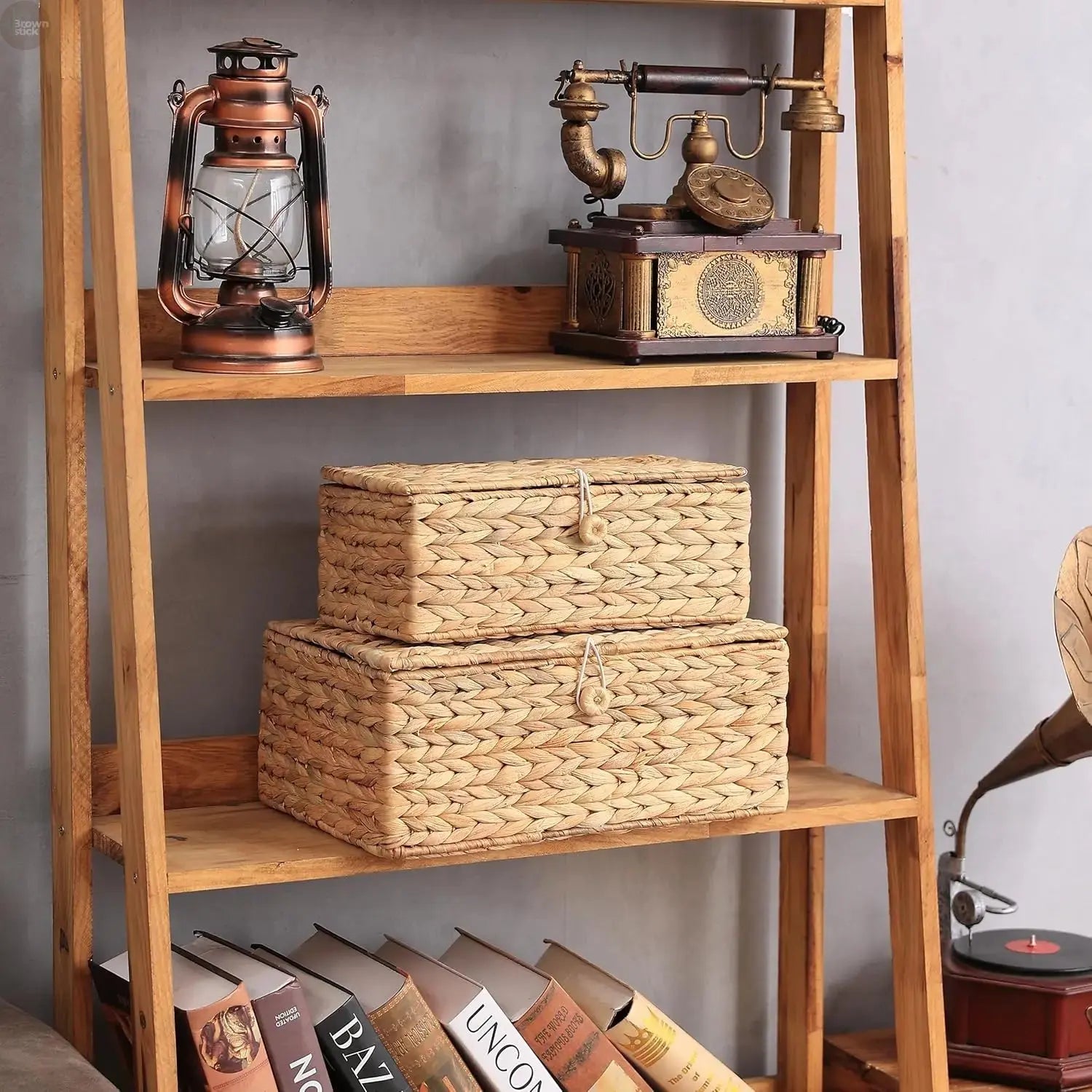 Handwoven Water Hyacinth Storage Bins with Lids Brownstick