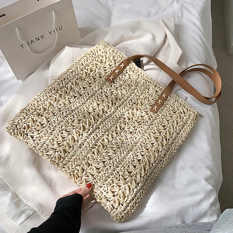 Handmade Summer Tote Hollow Out Straw Shoulder Bag Brownstick