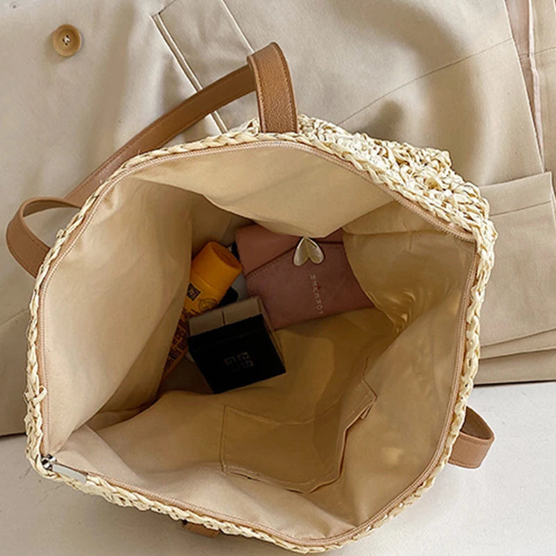 Handmade Summer Tote Hollow Out Straw Shoulder Bag Brownstick