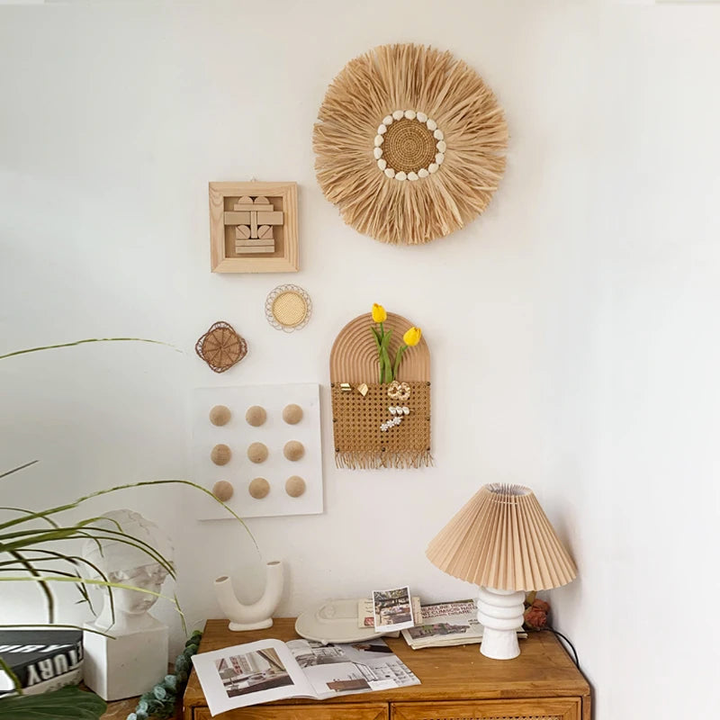 Nordic Straw Mirror – Raffia Shell Boho Wall Decor Sets Brownstick