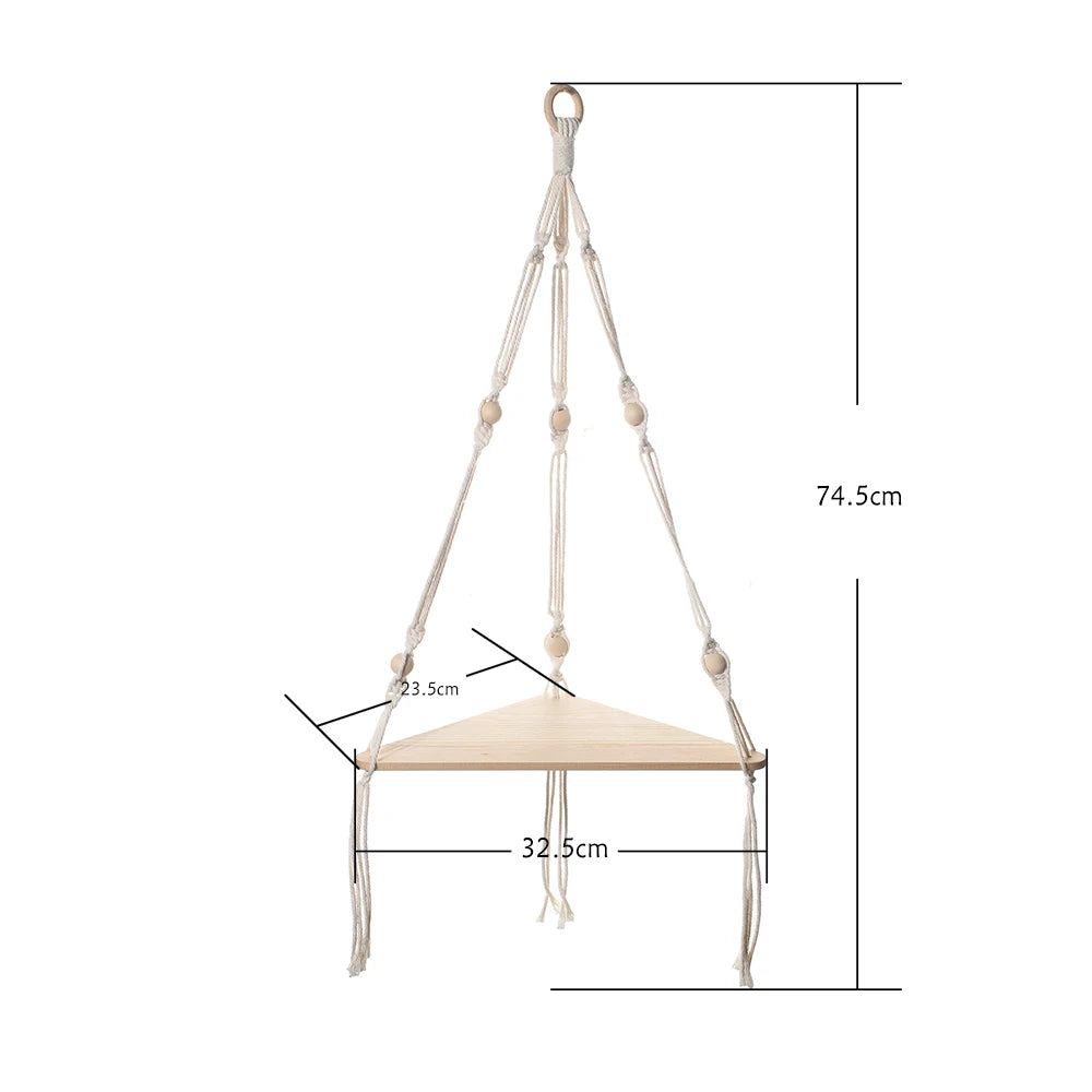 Macrame Corner Wall Shelf – Boho Triangle Shelf with Rope Hanger Brownstick