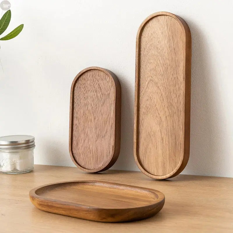 Japanese-Style Solid Wood Snack Plate – Round Wooden Dessert Tray Brownstick