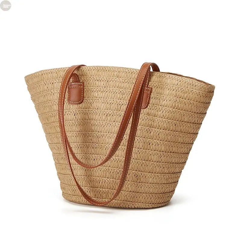 Luxury Summer Straw Shoulder Tote Brownstick