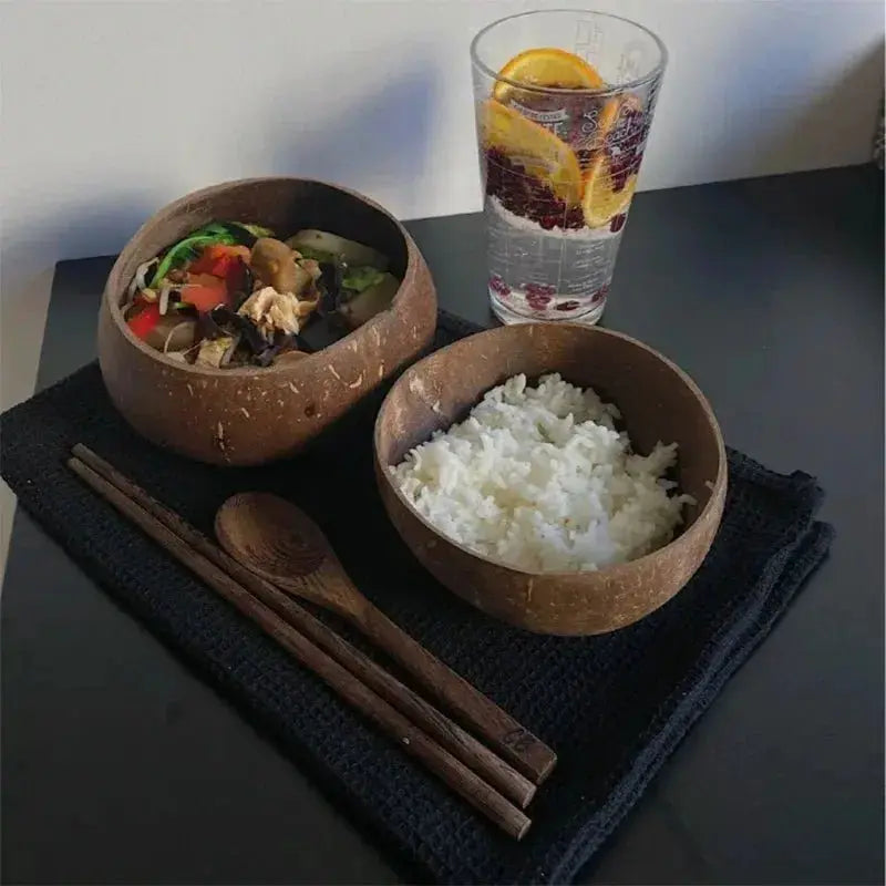 Natural Coconut Bowl - Handmade Wooden Tableware & Spoon - Brownstick