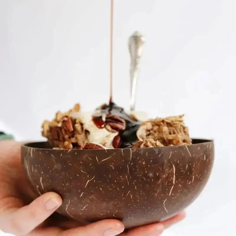 Natural Coconut Bowl - Handmade Wooden Tableware & Spoon - Brownstick