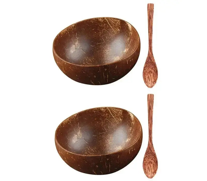 Natural Coconut Bowl - Handmade Wooden Tableware & Spoon - Brownstick