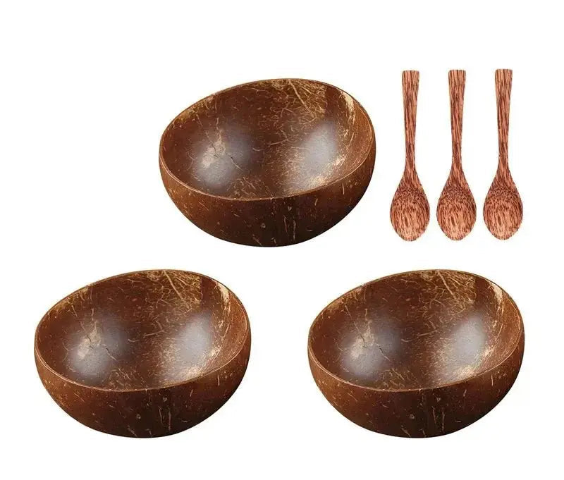 Natural Coconut Bowl - Handmade Wooden Tableware & Spoon - Brownstick