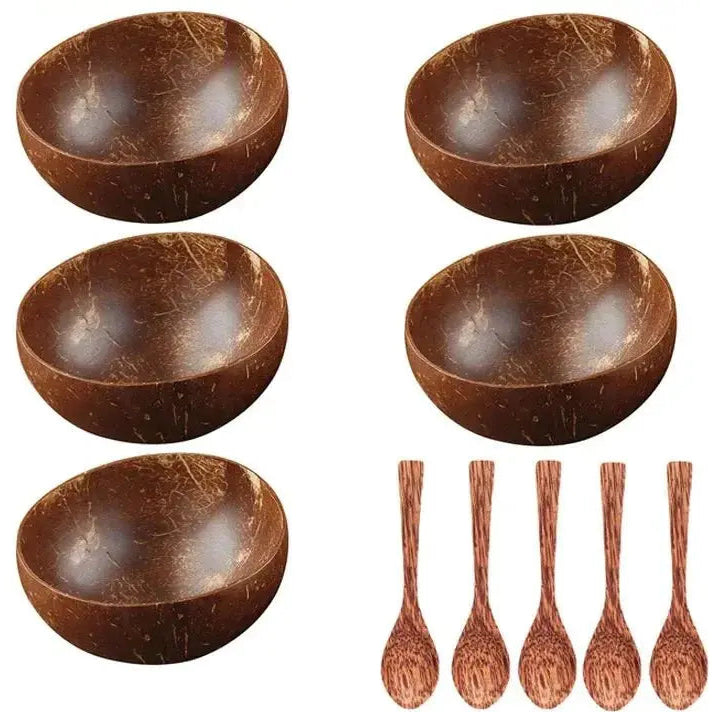 Natural Coconut Bowl - Handmade Wooden Tableware & Spoon - Brownstick