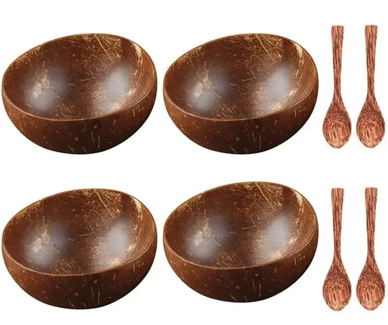 Natural Coconut Bowl - Handmade Wooden Tableware & Spoon - Brownstick
