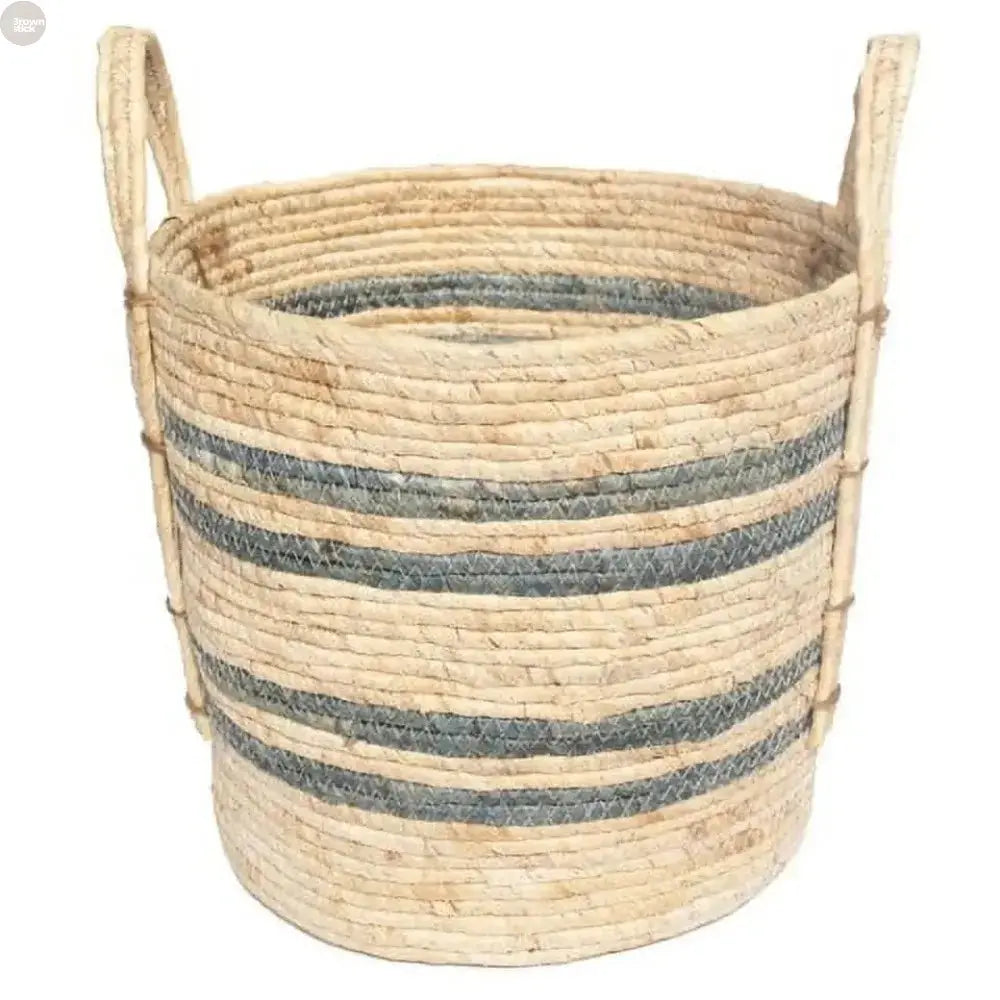 Natural Maize Woven Storage Basket – Blue Gray Stripe with Jute Handles Brownstick