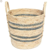 Natural Maize Woven Storage Basket – Blue Gray Stripe with Jute Handles Brownstick