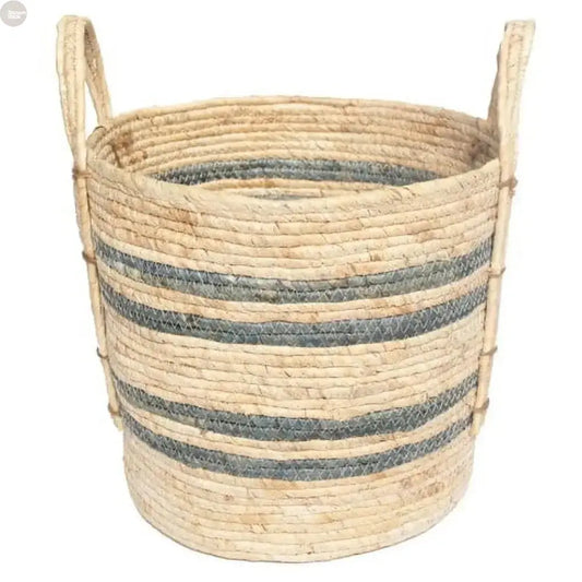 Natural Maize Woven Storage Basket – Blue Gray Stripe with Jute Handles Brownstick