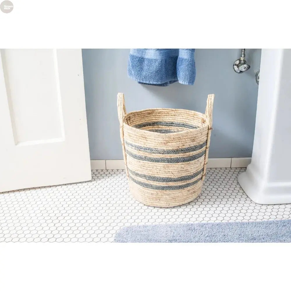 Natural Maize Woven Storage Basket – Blue Gray Stripe with Jute Handles Brownstick