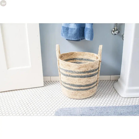 Natural Maize Woven Storage Basket – Blue Gray Stripe with Jute Handles Brownstick