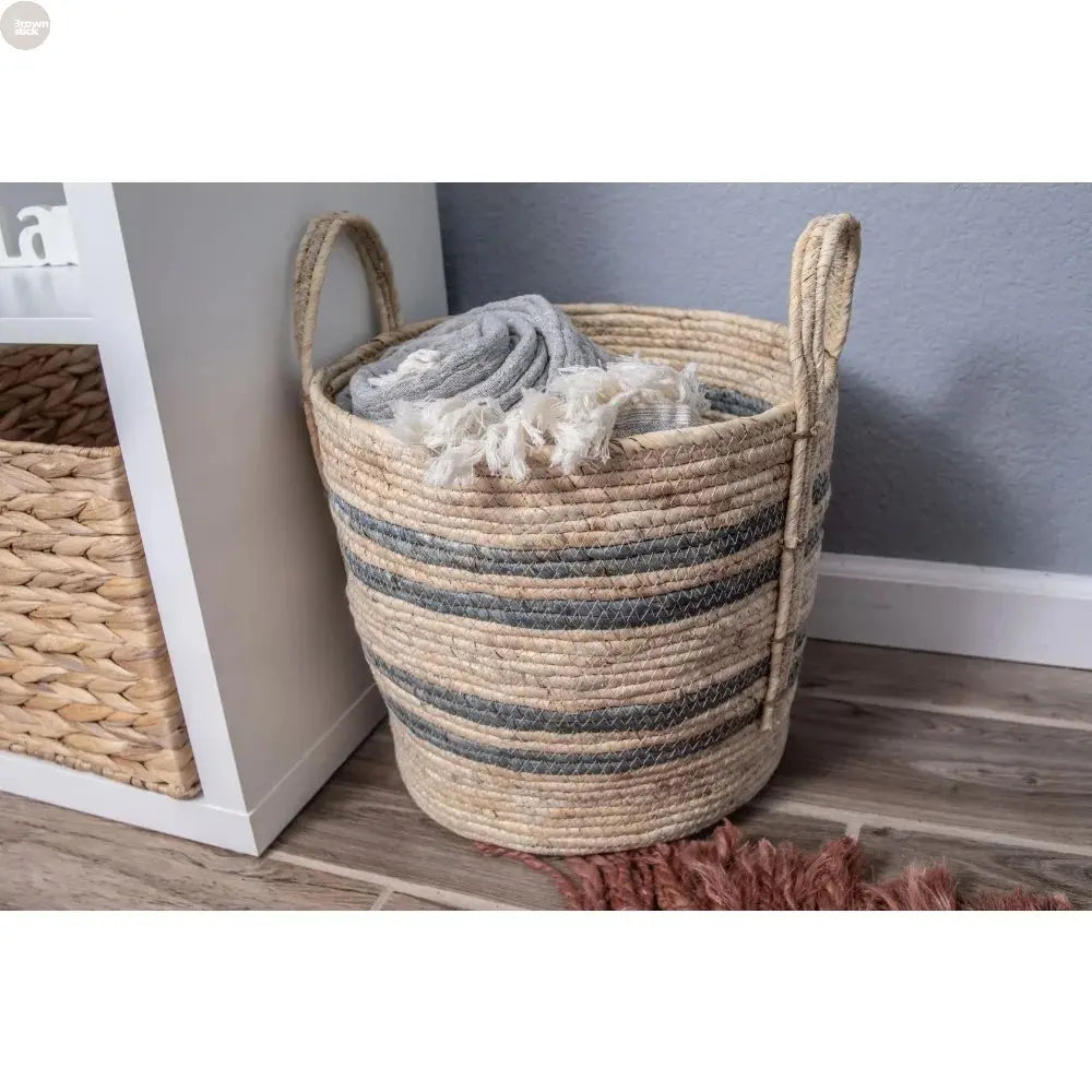 Natural Maize Woven Storage Basket – Blue Gray Stripe with Jute Handles Brownstick