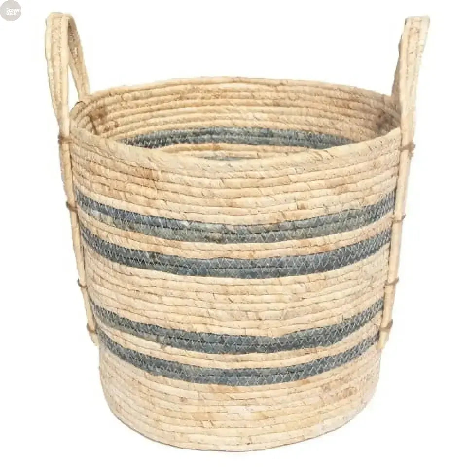 Natural Maize Woven Storage Basket – Blue Gray Stripe with Jute Handles Brownstick