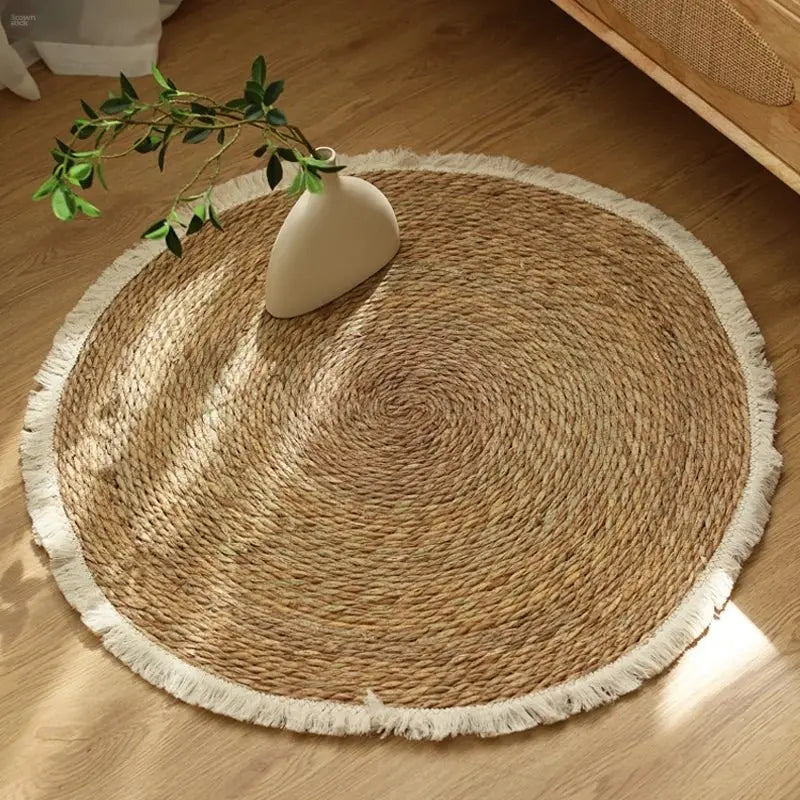 Round Handmade Jute Rattan Grass Rugs with Tassels - Brownstick