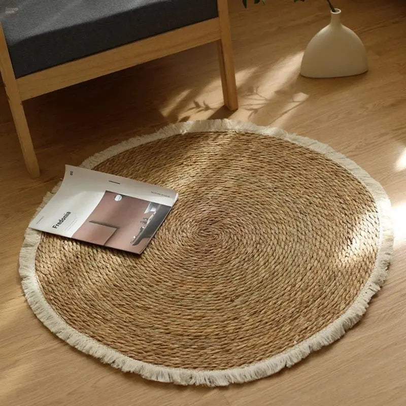 Round Handmade Jute Rattan Grass Rugs with Tassels - Brownstick