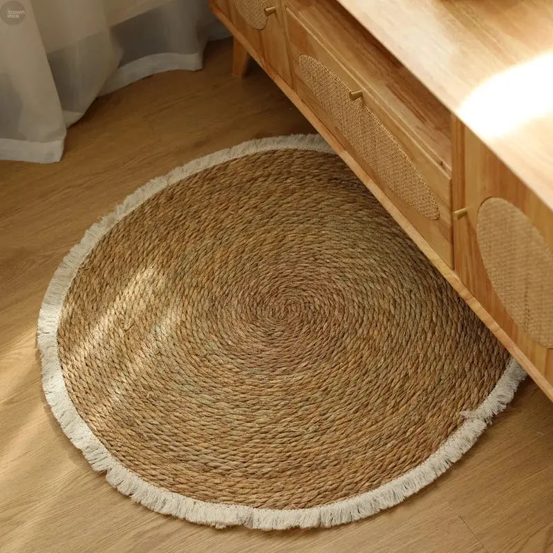 Round Handmade Jute Rattan Grass Rugs with Tassels - Brownstick