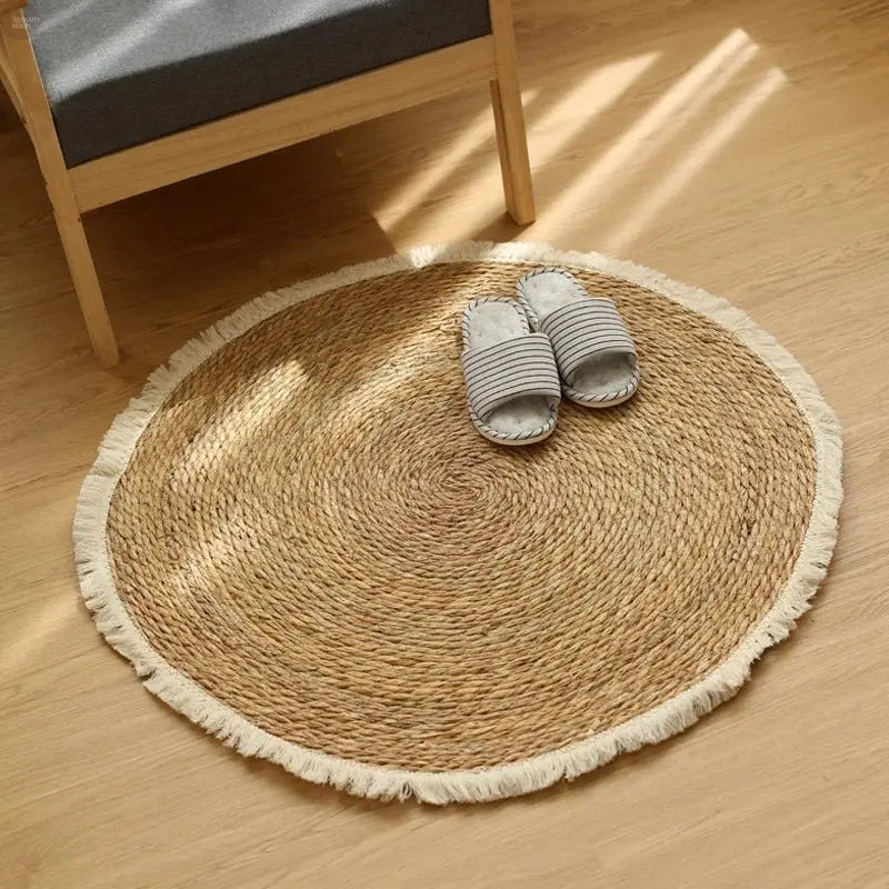 Round Handmade Jute Rattan Grass Rugs with Tassels - Brownstick