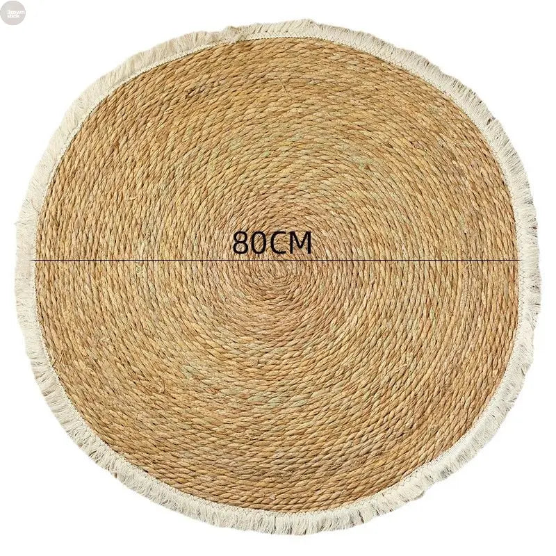 Round Handmade Jute Rattan Grass Rugs with Tassels - Brownstick